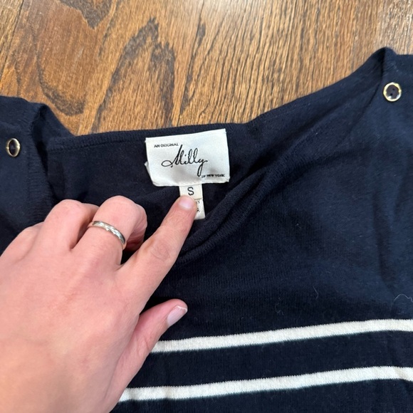 Milly Navy Blue White Stripe Sweater Accent Button Shoulders Size Small 1622 - Picture 4 of 9
